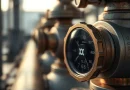 Instalasi pipa gas bertekanan tinggi dengan manometer pengukur tekanan berlatar belakang industrial yang elegan