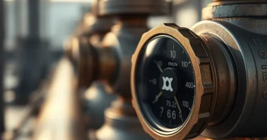Instalasi pipa gas bertekanan tinggi dengan manometer pengukur tekanan berlatar belakang industrial yang elegan
