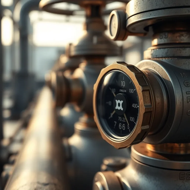 Instalasi pipa gas bertekanan tinggi dengan manometer pengukur tekanan berlatar belakang industrial yang elegan