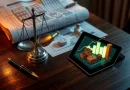 Ilustrasi konseptual investasi dan pasar modal dengan grafik keuangan serta elemen energi bersih di atas meja kerja