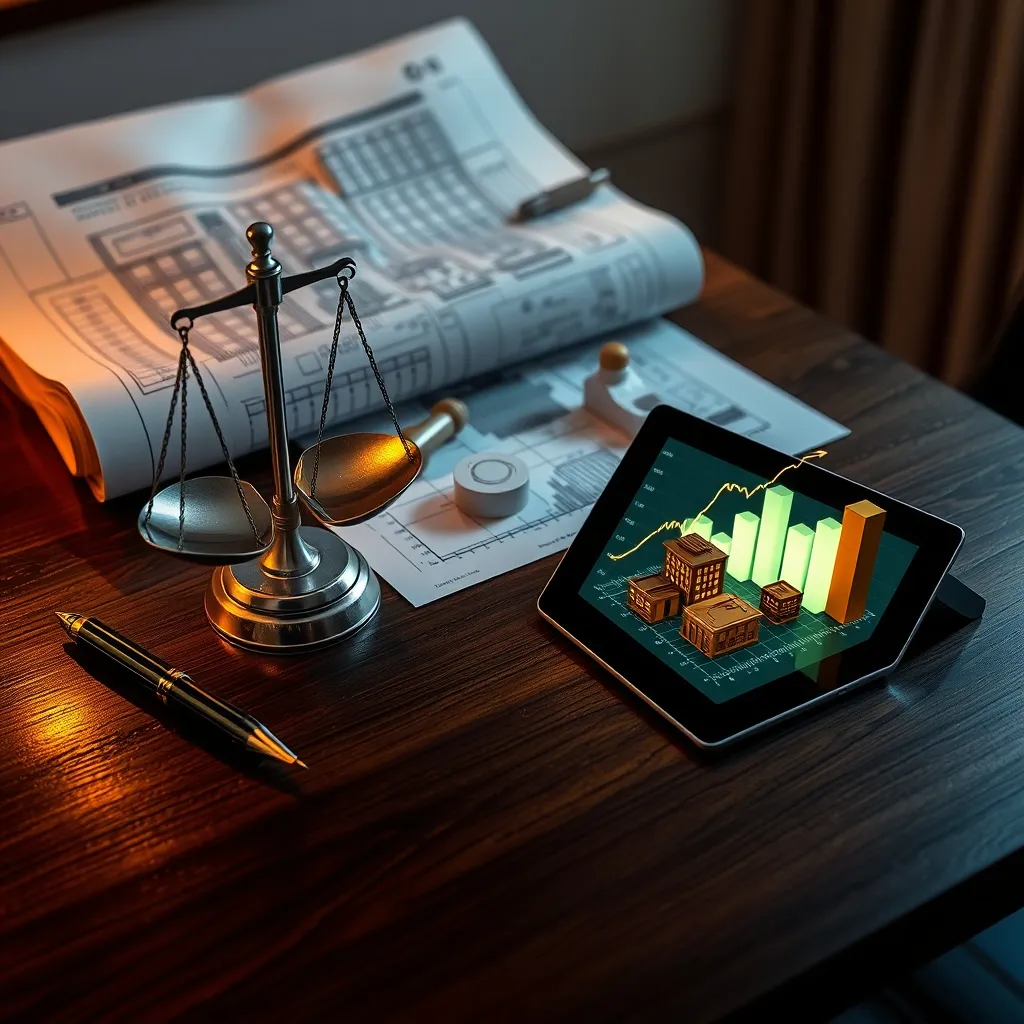 Ilustrasi konseptual investasi dan pasar modal dengan grafik keuangan serta elemen energi bersih di atas meja kerja