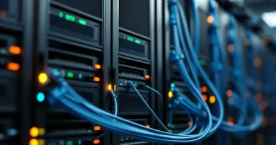 Sinar Mas Akuisisi Lima Data Center PDG di Indonesia Ilustrasi deretan rak server pusat data dengan lampu indikator jaringan optik bercahaya lembut