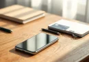 Ilustrasi smartphone modern dan kartu digital di atas meja kayu untuk penyaluran bantuan sosial digital