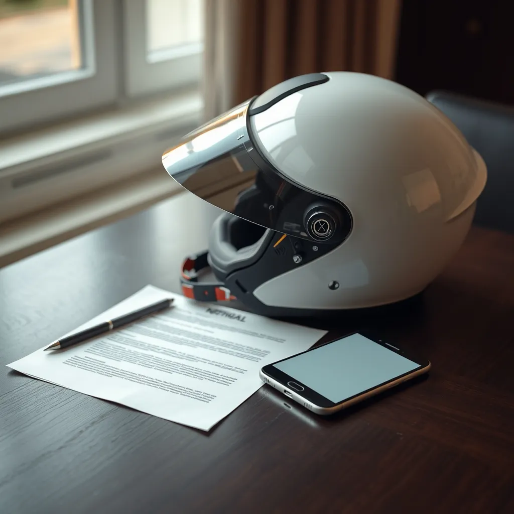 Ilustrasi helm sepeda motor dan dokumen regulasi transportasi di atas meja