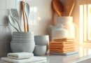 Peralatan dapur dan spons pembersih yang bersih tertata rapi di atas meja dapur