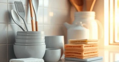 Peralatan dapur dan spons pembersih yang bersih tertata rapi di atas meja dapur