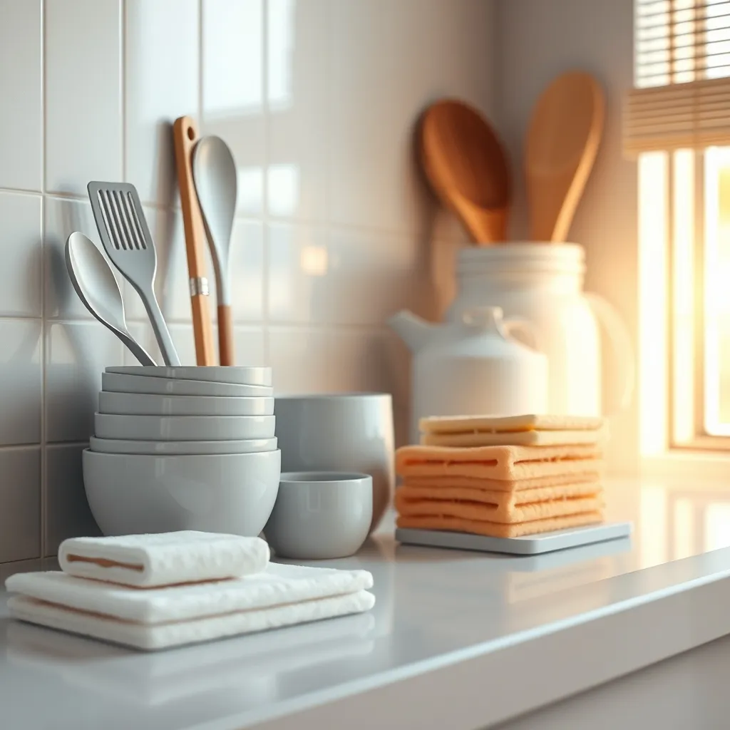 Peralatan dapur dan spons pembersih yang bersih tertata rapi di atas meja dapur