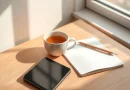 Ponsel pintar diletakkan terbalik di atas meja kayu di samping cangkir teh dan buku catatan