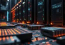 Ilustrasi konseptual server komputasi awan dan cip pemrosesan data AI