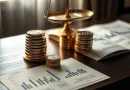 Ilustrasi konsep buyback saham dengan grafik keuangan dan koin emas di atas meja kayu