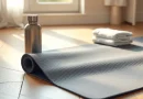 Matras olahraga dan perlengkapan kebugaran di atas lantai kayu dengan pencahayaan alami.