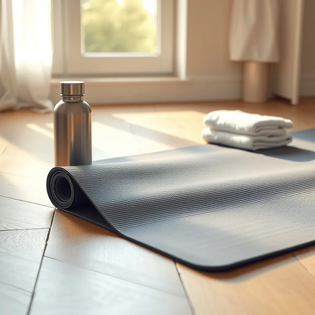 Matras olahraga dan perlengkapan kebugaran di atas lantai kayu dengan pencahayaan alami.