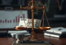 Timbangan analitik moneter dan tumpukan uang rupiah melambangkan kebijakan suku bunga acuan Bank Indonesia