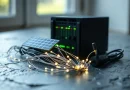 Ilustrasi konseptual perpaduan komponen data center AI dan modul panel surya energi terbarukan
