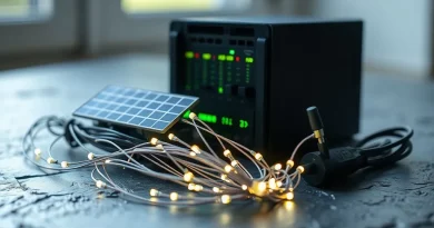 Ilustrasi konseptual perpaduan komponen data center AI dan modul panel surya energi terbarukan
